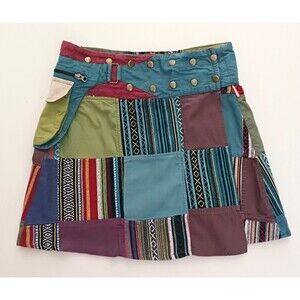 Like International Nepal Multi Patchwork Mini Wrap Skirt Pocket Snap Waist S/M